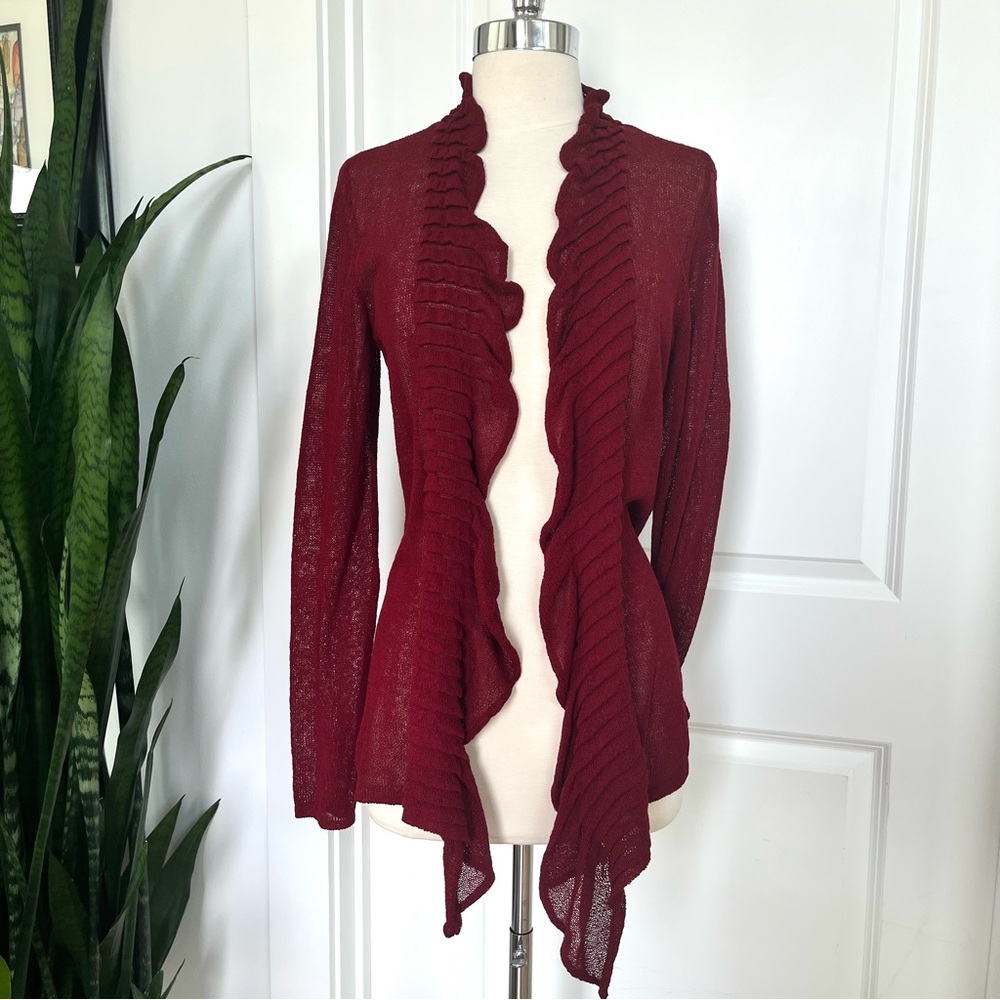Eileen Fisher Maroon Ruffled Cardigan Sweater